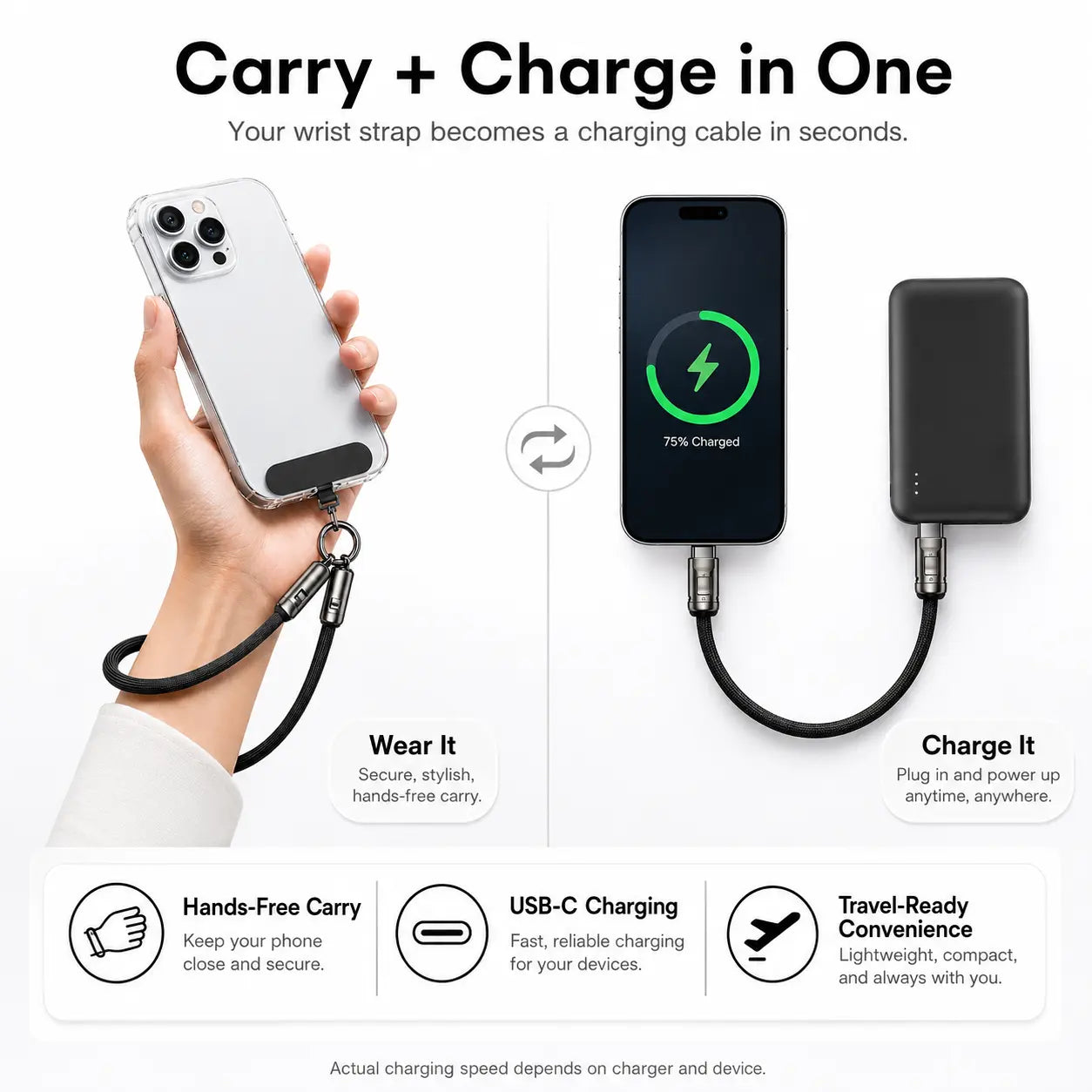 Endlesshine 2-in-1 USB-C Wrist Lanyard Charging Cable with 12-Inch Anti-Drop Phone Strap, 240W PD Support, Lightweight Braided Design for Travel, Campus, and Commute