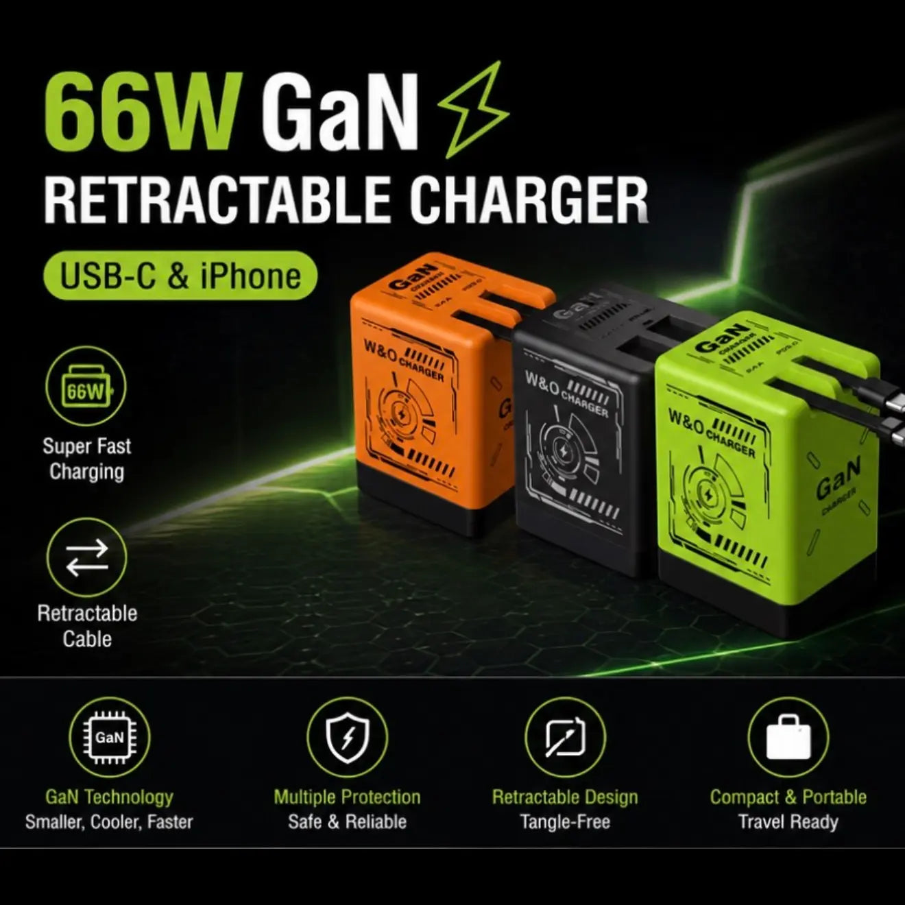 66W Retractable Gan Charger | Dual Fast Charging for USB-C and iPhone