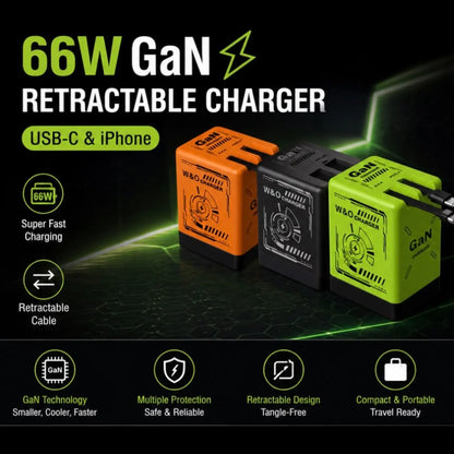 66W Retractable Gan Charger | Dual Fast Charging for USB-C and iPhone