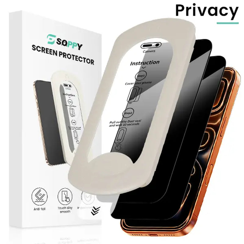 SOPPY iPhone Screen Protector 2-Pack - Clear & Privacy Protection, Fingerprint Resistant, Dust-Free, Bubble-Free Design