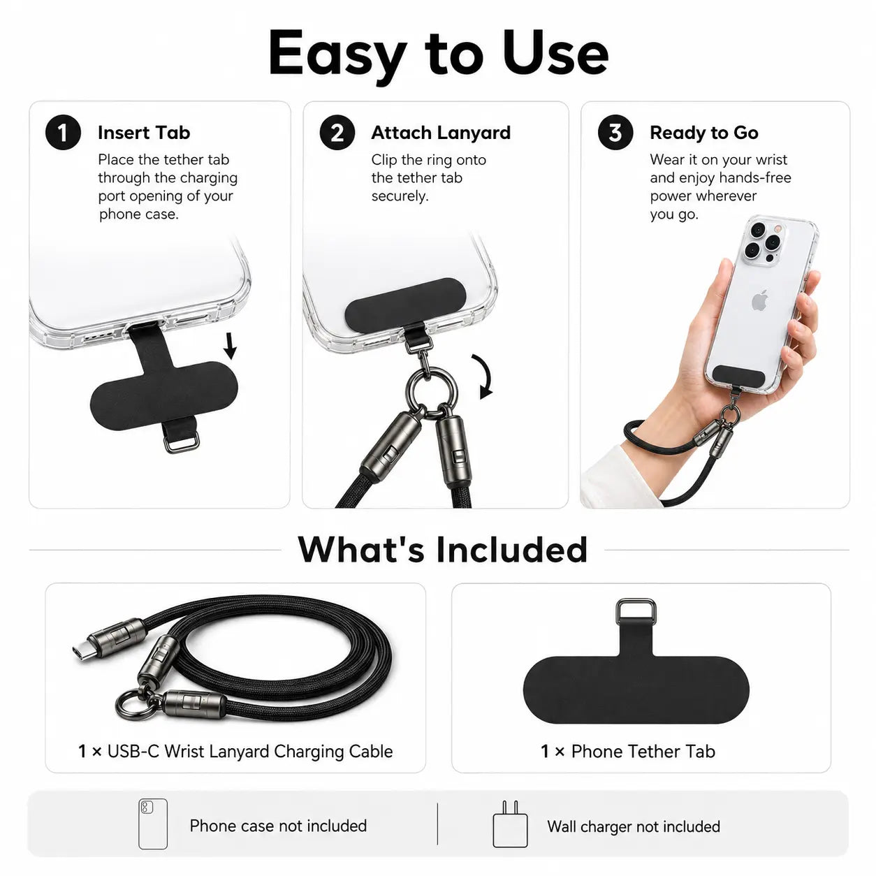 Endlesshine 2-in-1 USB-C Wrist Lanyard Charging Cable with 12-Inch Anti-Drop Phone Strap, 240W PD Support, Lightweight Braided Design for Travel, Campus, and Commute