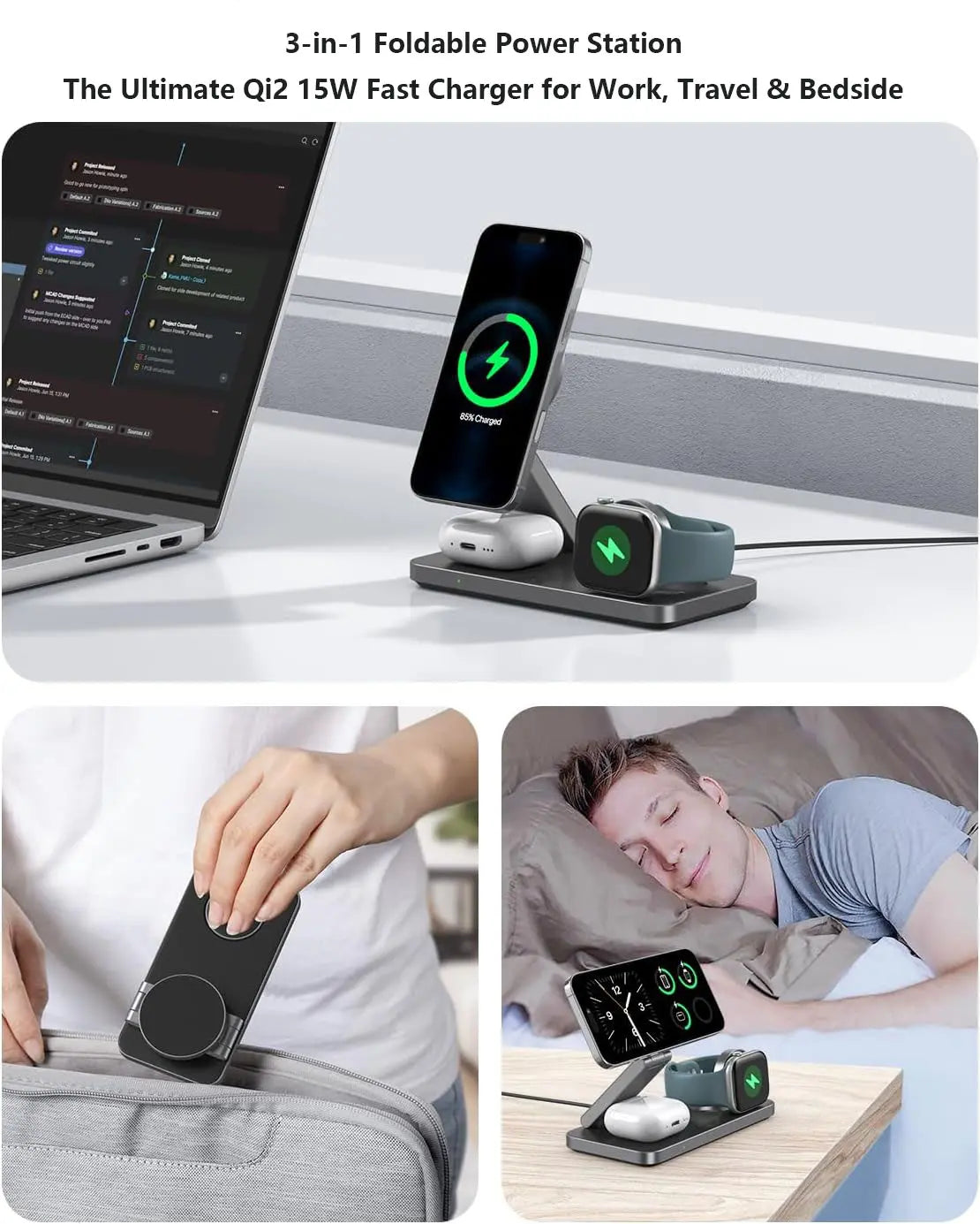 Ressonic 3-in-1 Foldable Magnetic Wireless Charging Station - 15W Fast Charging for iPhone 17/16/15/14/13/12, Apple Watch, and AirPods - Portable Travel Charging Hub with Standby Mode Support