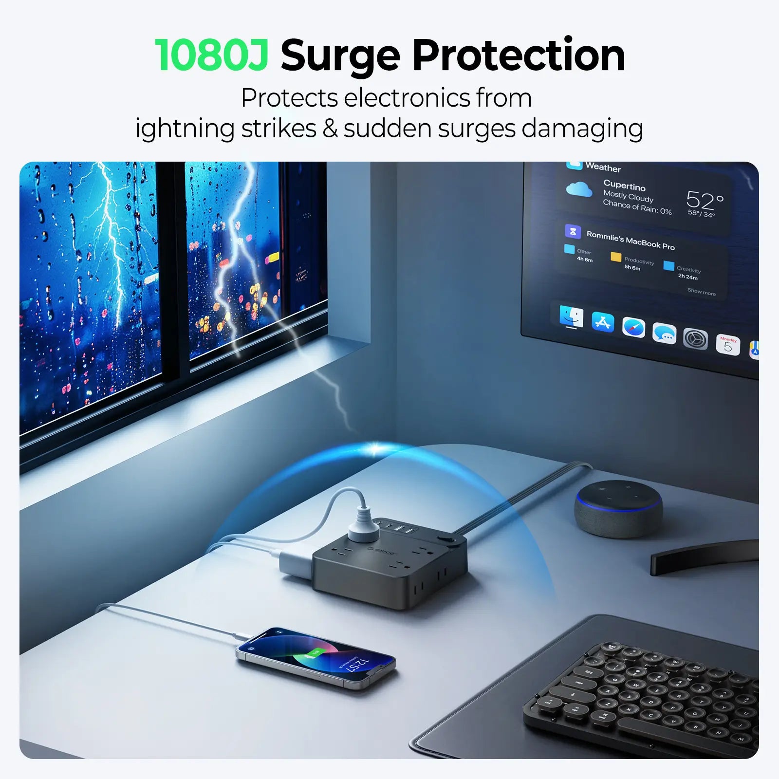 Live Exclusive Surge Protector Power Strip with 8 Outlets and 4 USB Ports (2 USB-C), Overload Protection, Long Extension Cord for Home and Office Use - Model Sp1