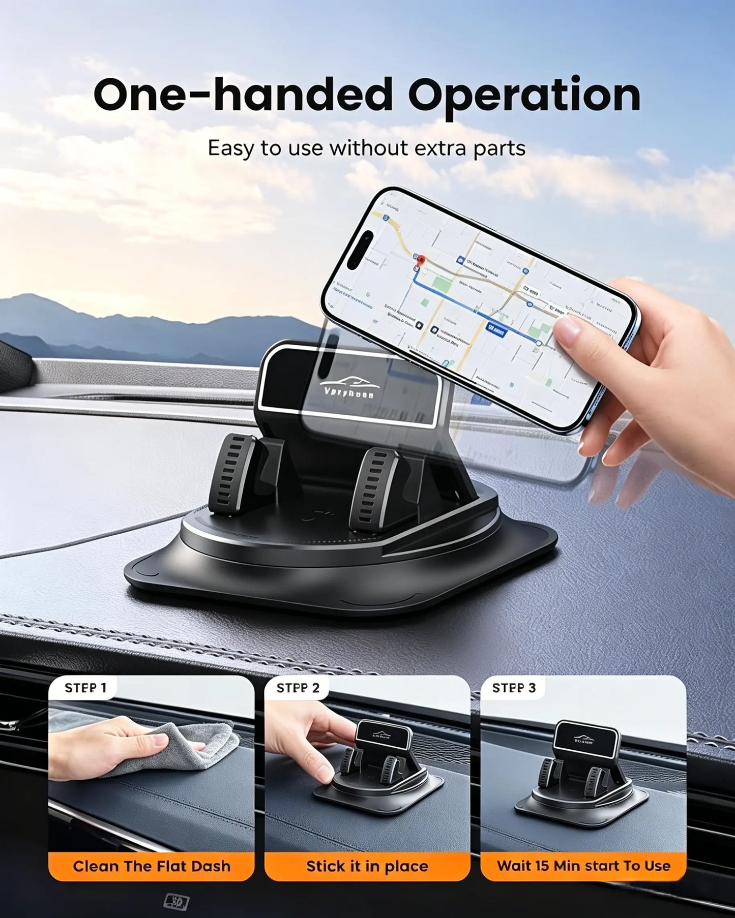 Universal 360° Rotating Car Phone Mount - Dashboard Holder Compatible with All Smartphones