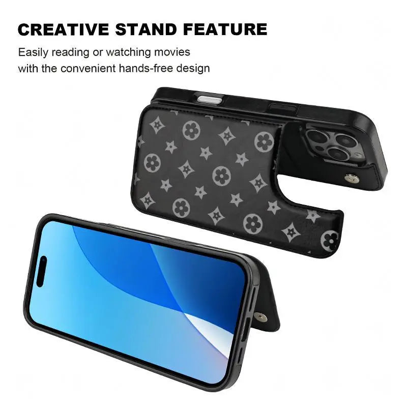 Luxury Floral Print Phone Case for iPhone 17/16/15/14/13 Pro Max - High-Quality PU Leather Wallet with Credit Card Holder, Shockproof and Durable Protection