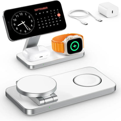 Ressonic 3-in-1 Foldable Magnetic Wireless Charging Station - 15W Fast Charging for iPhone 17/16/15/14/13/12, Apple Watch, and AirPods - Portable Travel Charging Hub with Standby Mode Support