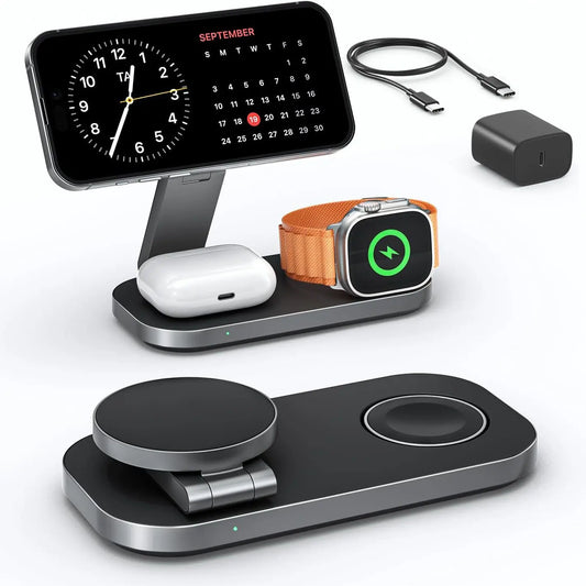 Ressonic 3-in-1 Foldable Magnetic Wireless Charging Station - 15W Fast Charging for iPhone 17/16/15/14/13/12, Apple Watch, and AirPods - Portable Travel Charging Hub with Standby Mode Support
