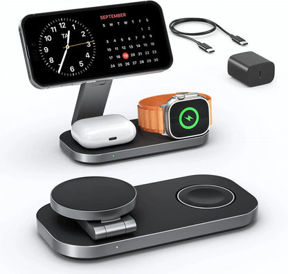 Ressonic 3-in-1 Foldable Magnetic Wireless Charging Station - 15W Fast Charging for iPhone 17/16/15/14/13/12, Apple Watch, and AirPods - Portable Travel Charging Hub with Standby Mode Support