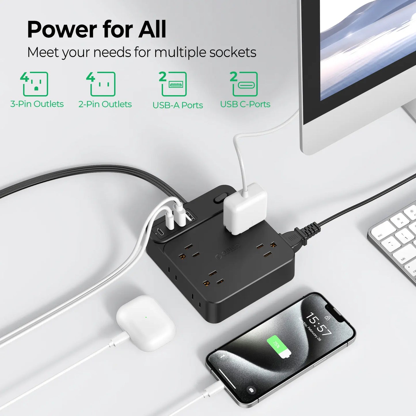 Live Exclusive Surge Protector Power Strip with 8 Outlets and 4 USB Ports (2 USB-C), Overload Protection, Long Extension Cord for Home and Office Use - Model Sp1