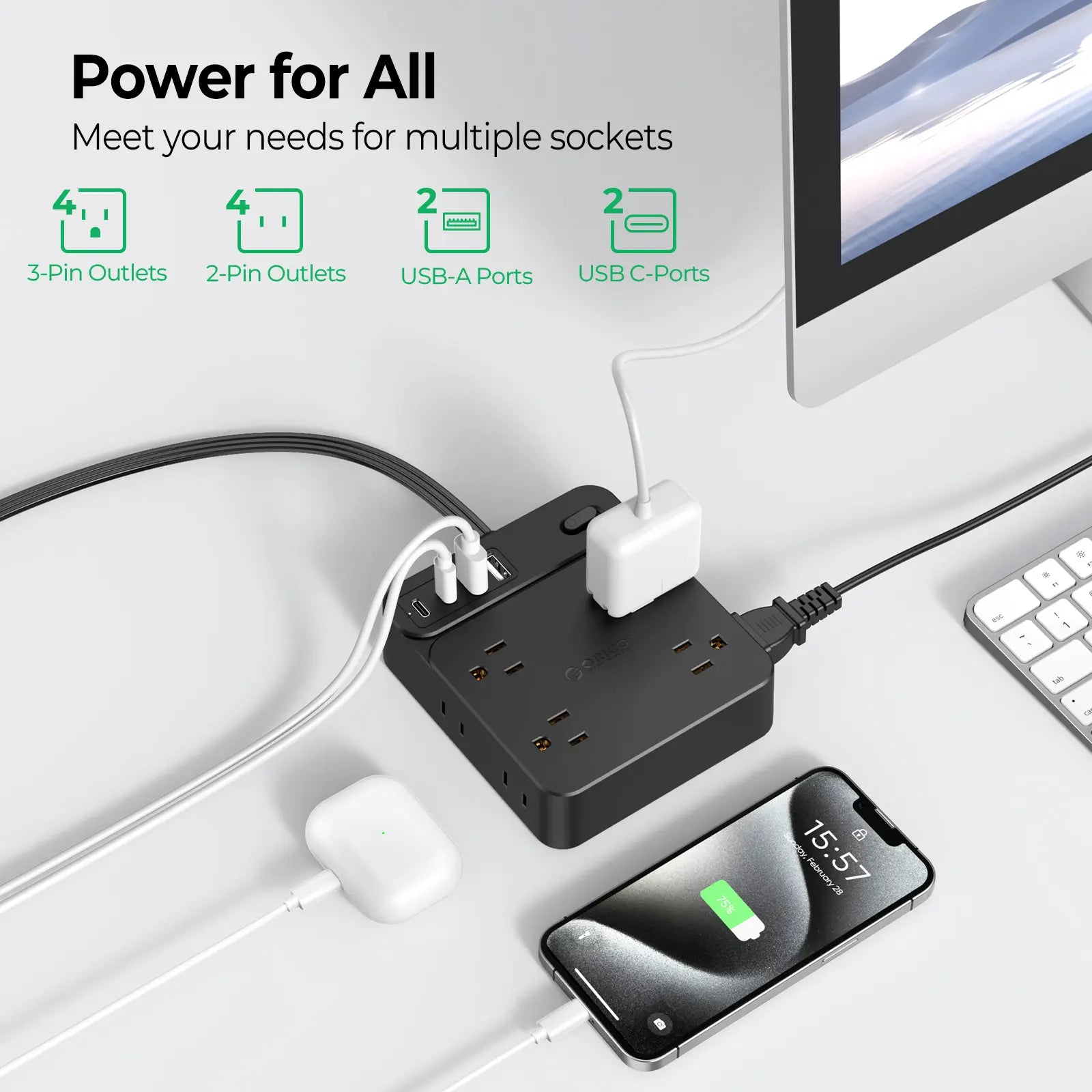 Live Exclusive Surge Protector Power Strip with 8 Outlets and 4 USB Ports (2 USB-C), Overload Protection, Long Extension Cord for Home and Office Use - Model Sp1
