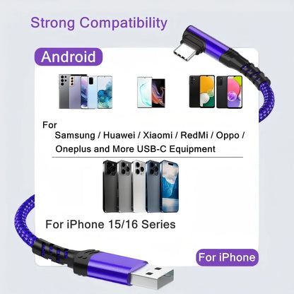 90-Degree USB C Cable - Right Angle Nylon Braided Fast Charging Cable for Smartphones, iPhone 16 Pro Max, Samsung Galaxy S24 Ultra, and iPad Air 6
