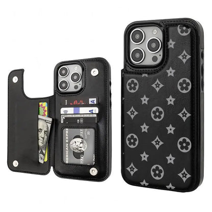 Luxury Floral Print Phone Case for iPhone 17/16/15/14/13 Pro Max - High-Quality PU Leather Wallet with Credit Card Holder, Shockproof and Durable Protection