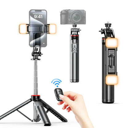 Professional Phone Selfie Stick Tripod with 360° Rotation, Bluetooth Remote, Adjustable Stand, and Optional Dual Fill Lights - Ideal for Travel and Vlogging
