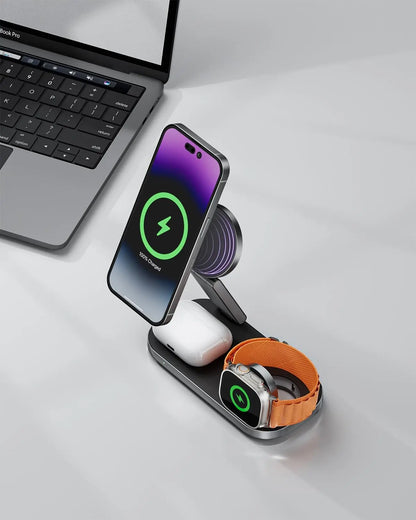 Ressonic 3-in-1 Foldable Magnetic Wireless Charging Station - 15W Fast Charging for iPhone 17/16/15/14/13/12, Apple Watch, and AirPods - Portable Travel Charging Hub with Standby Mode Support