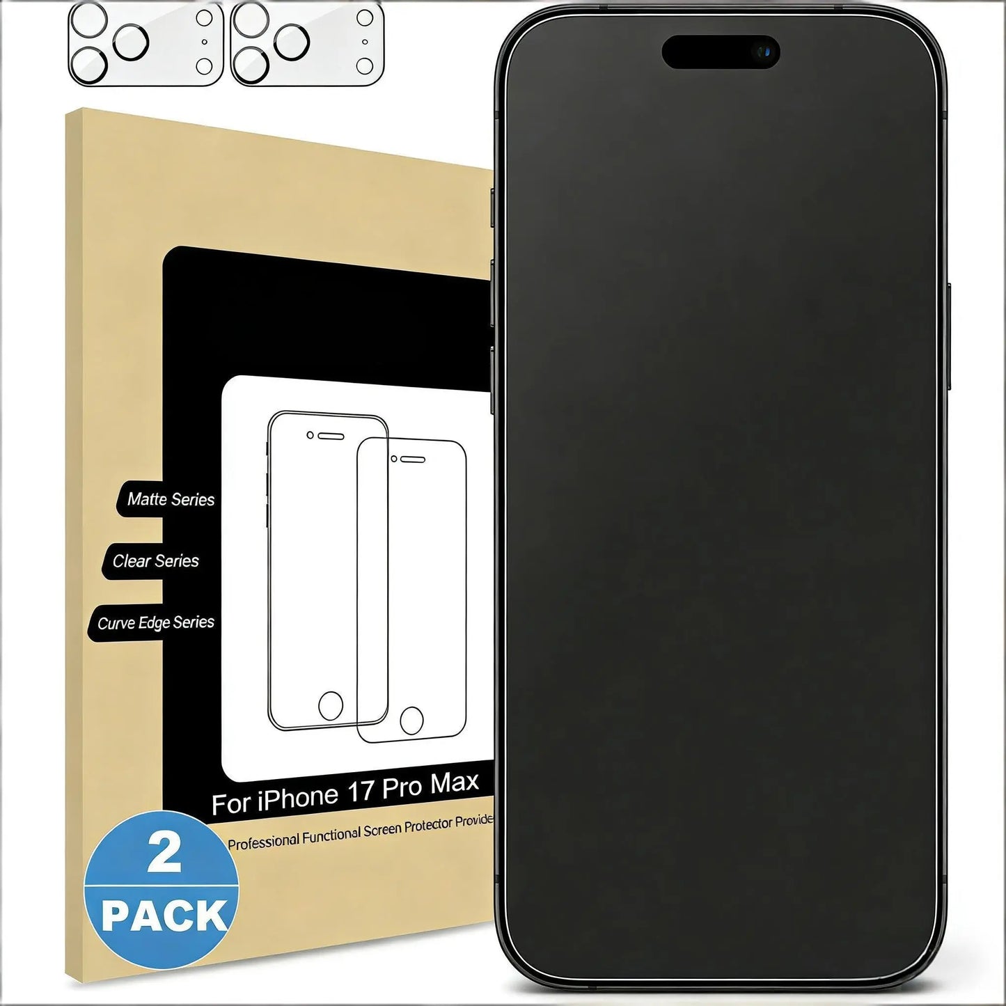Matte Glass Screen Protector (Non-Privacy) for iPhone 11-17 Pro Max, Compatible Smartphone Accessories, Anti-Glare and Anti-Fingerprint, 2-Pack with Camera Lens Protector