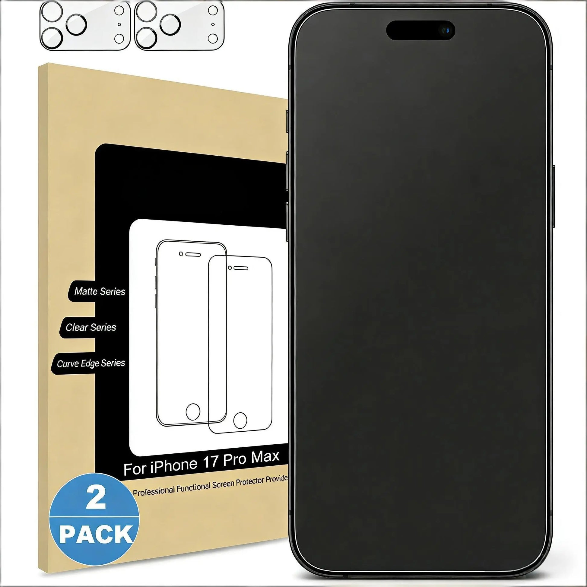 Matte Glass Screen Protector (Non-Privacy) for iPhone 11-17 Pro Max, Compatible Smartphone Accessories, Anti-Glare and Anti-Fingerprint, 2-Pack with Camera Lens Protector
