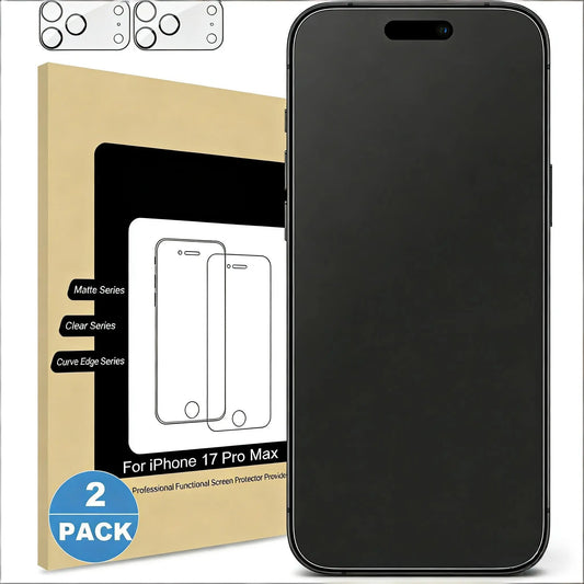 Matte Glass Screen Protector (Non-Privacy) for iPhone 11-17 Pro Max, Compatible Smartphone Accessories, Anti-Glare and Anti-Fingerprint, 2-Pack with Camera Lens Protector