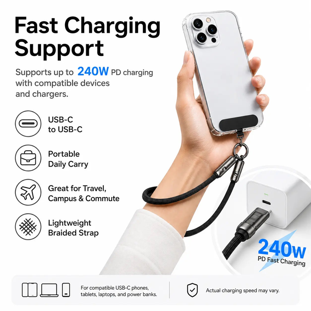 Endlesshine 2-in-1 USB-C Wrist Lanyard Charging Cable with 12-Inch Anti-Drop Phone Strap, 240W PD Support, Lightweight Braided Design for Travel, Campus, and Commute