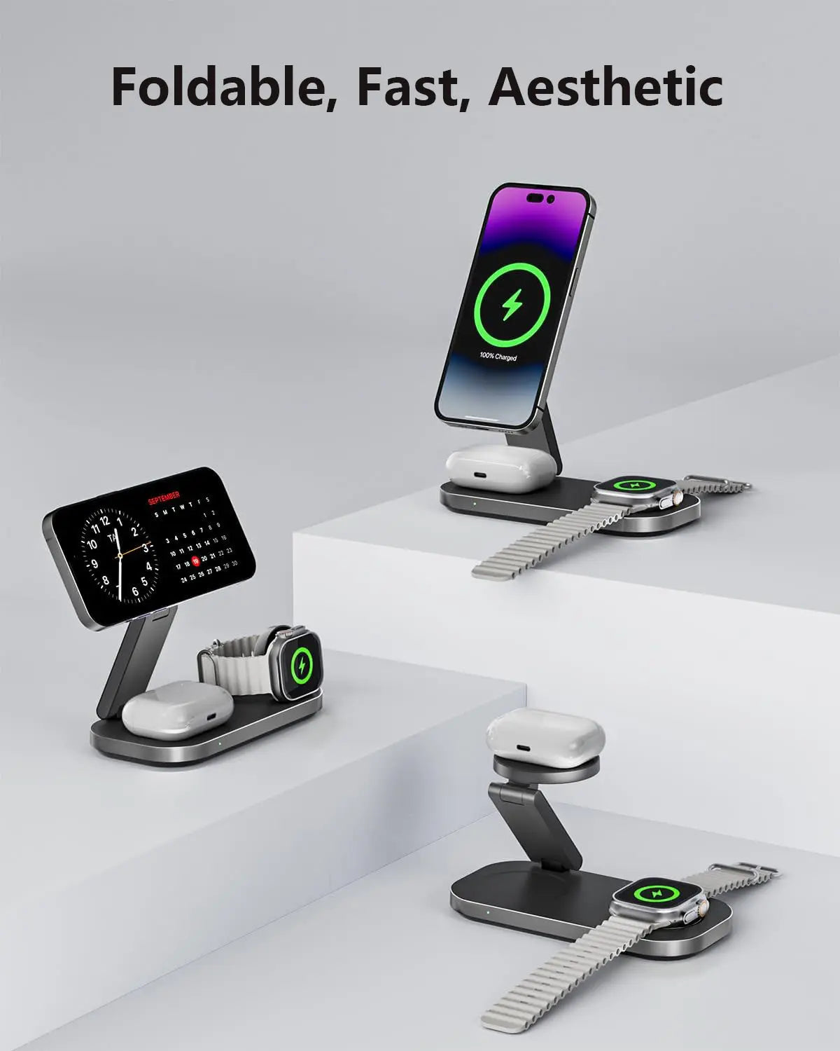 Ressonic 3-in-1 Foldable Magnetic Wireless Charging Station - 15W Fast Charging for iPhone 17/16/15/14/13/12, Apple Watch, and AirPods - Portable Travel Charging Hub with Standby Mode Support