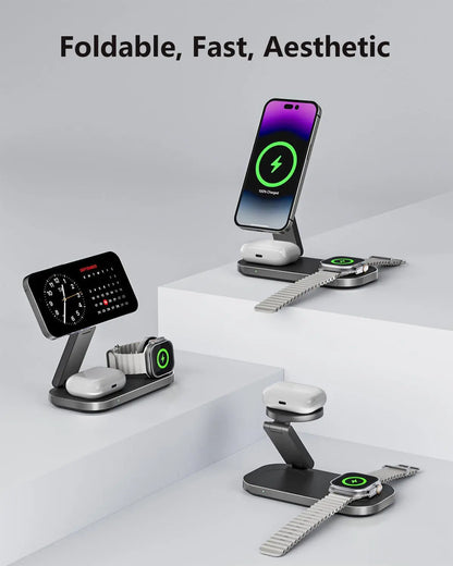 Ressonic 3-in-1 Foldable Magnetic Wireless Charging Station - 15W Fast Charging for iPhone 17/16/15/14/13/12, Apple Watch, and AirPods - Portable Travel Charging Hub with Standby Mode Support