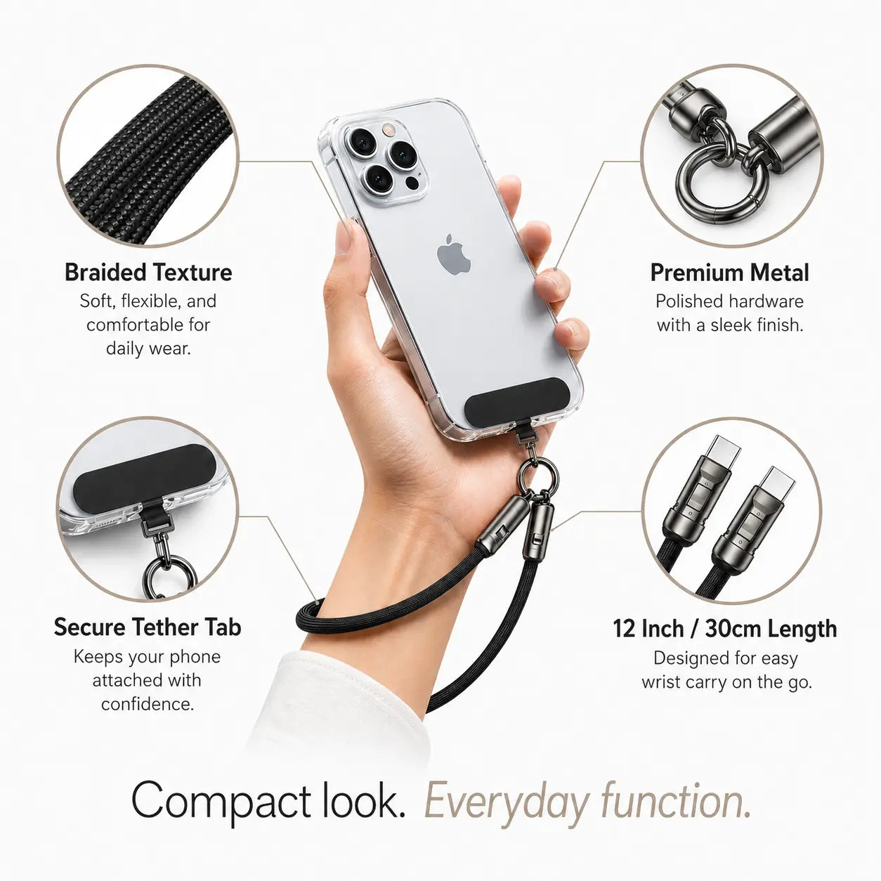 Endlesshine 2-in-1 USB-C Wrist Lanyard Charging Cable with 12-Inch Anti-Drop Phone Strap, 240W PD Support, Lightweight Braided Design for Travel, Campus, and Commute