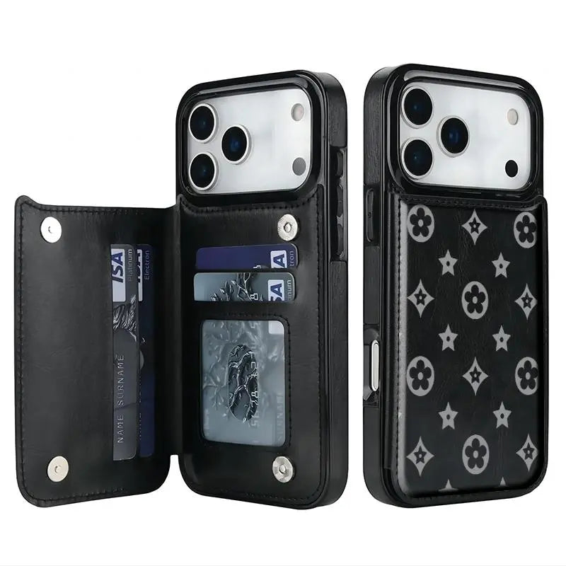 Luxury Floral Print Phone Case for iPhone 17/16/15/14/13 Pro Max - High-Quality PU Leather Wallet with Credit Card Holder, Shockproof and Durable Protection